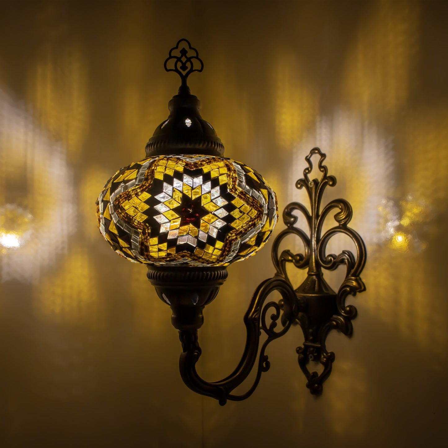 Turkish Moroccan Mosaic Wall Sconce Lamp with Bronze Base - C