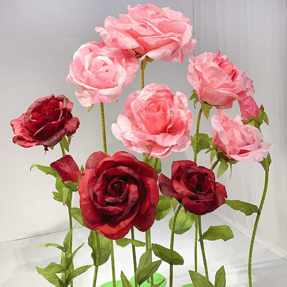 Giant Flowers for Decoration, 5-Pack Large Pink Artificial Flowers with Stems and Stands, 5.9Ft, Various Sizes, Bold and Festive Style, Perfect for Wedding, Party, Home Decor, Photography Props