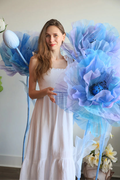 Silk Organza Ombre Lilac Blue Giant Flowers