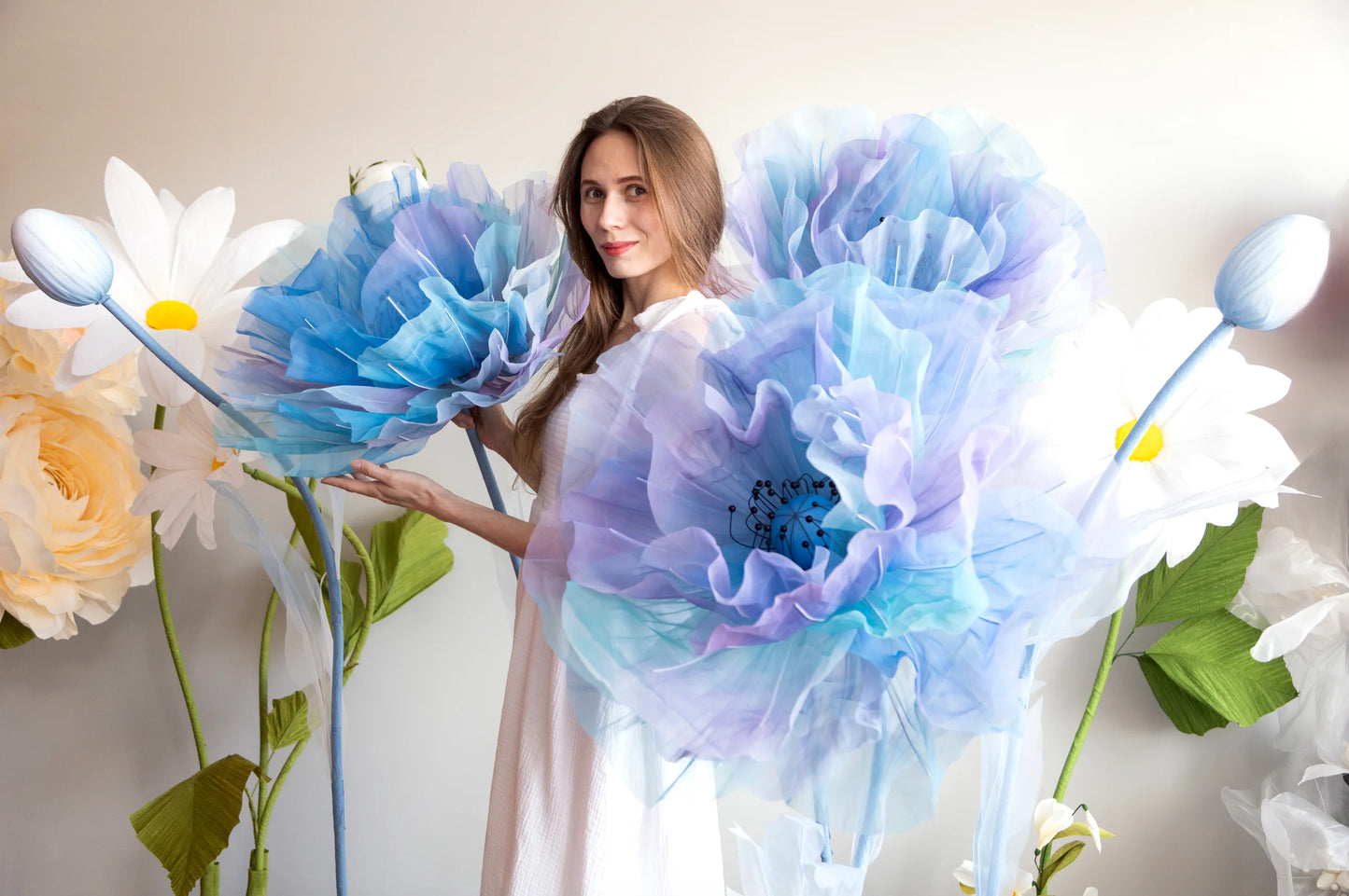 Silk Organza Ombre Lilac Blue Giant Flowers