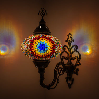Turkish Moroccan Mosaic Wall Sconce Lamp with Bronze Base - C