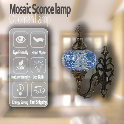 Turkish Moroccan Mosaic Wall Sconce Lamp with Bronze Base - C